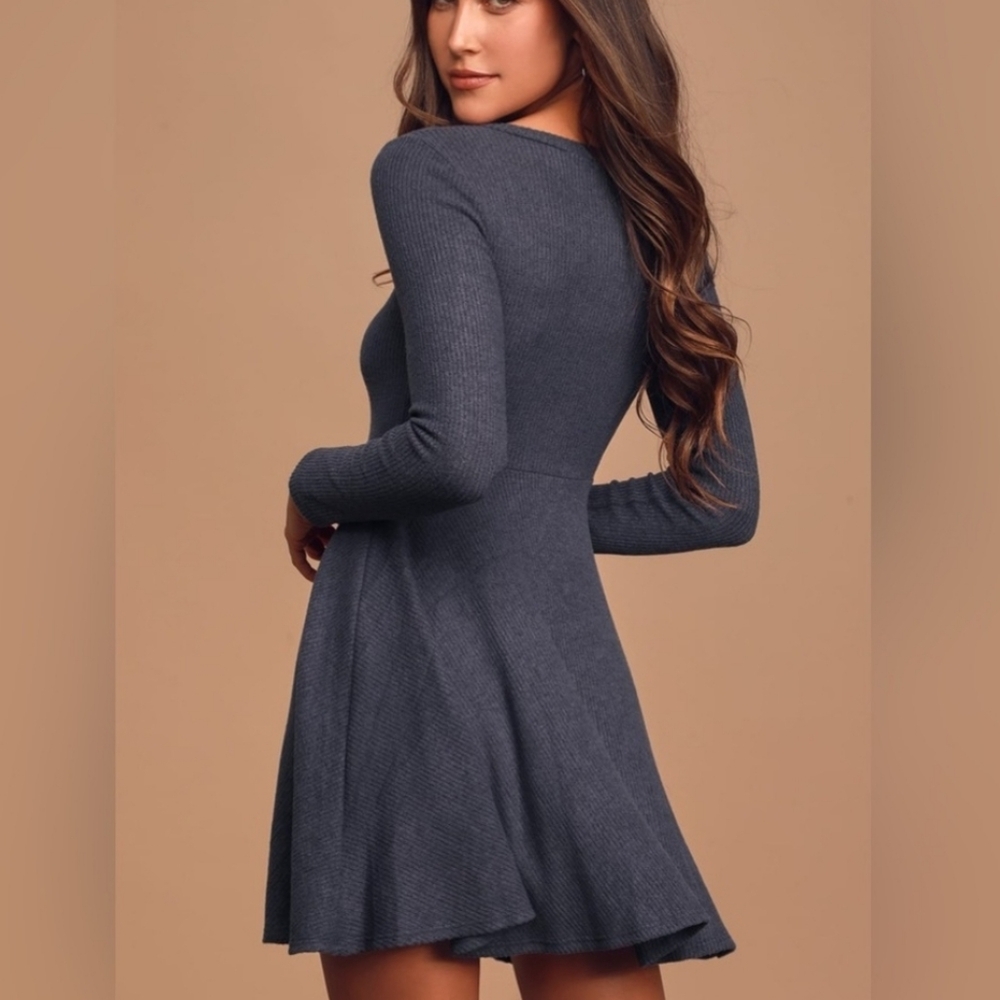 Lulus Fit and Fair Navy Ribbed Long Sleeve Skater Dress size S